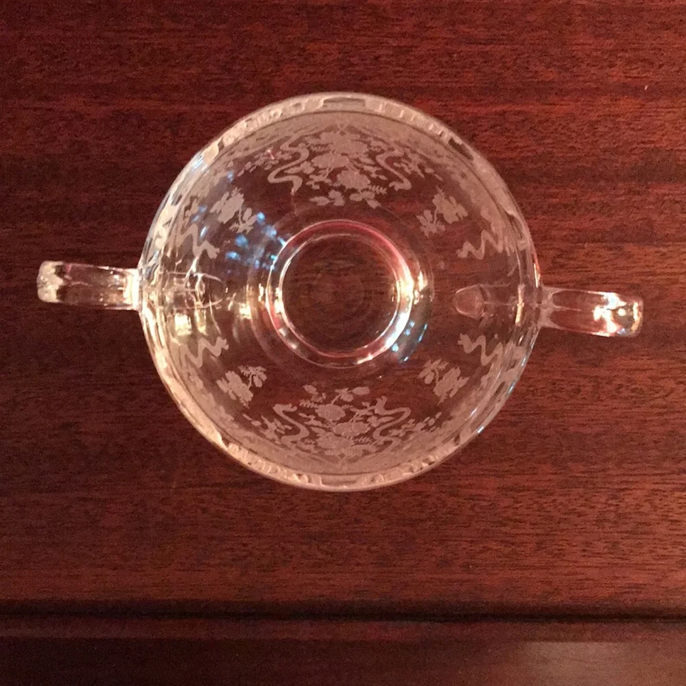 Antique Vintage Etched Roses & Ribbons Bows Sugar Bowl & Creamer Glass Set
